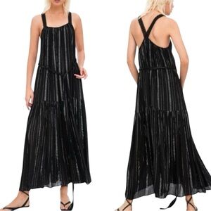 Zara Black and Silver Metallic Striped Maxi Dress Crochet Straps Sz Medium/Large